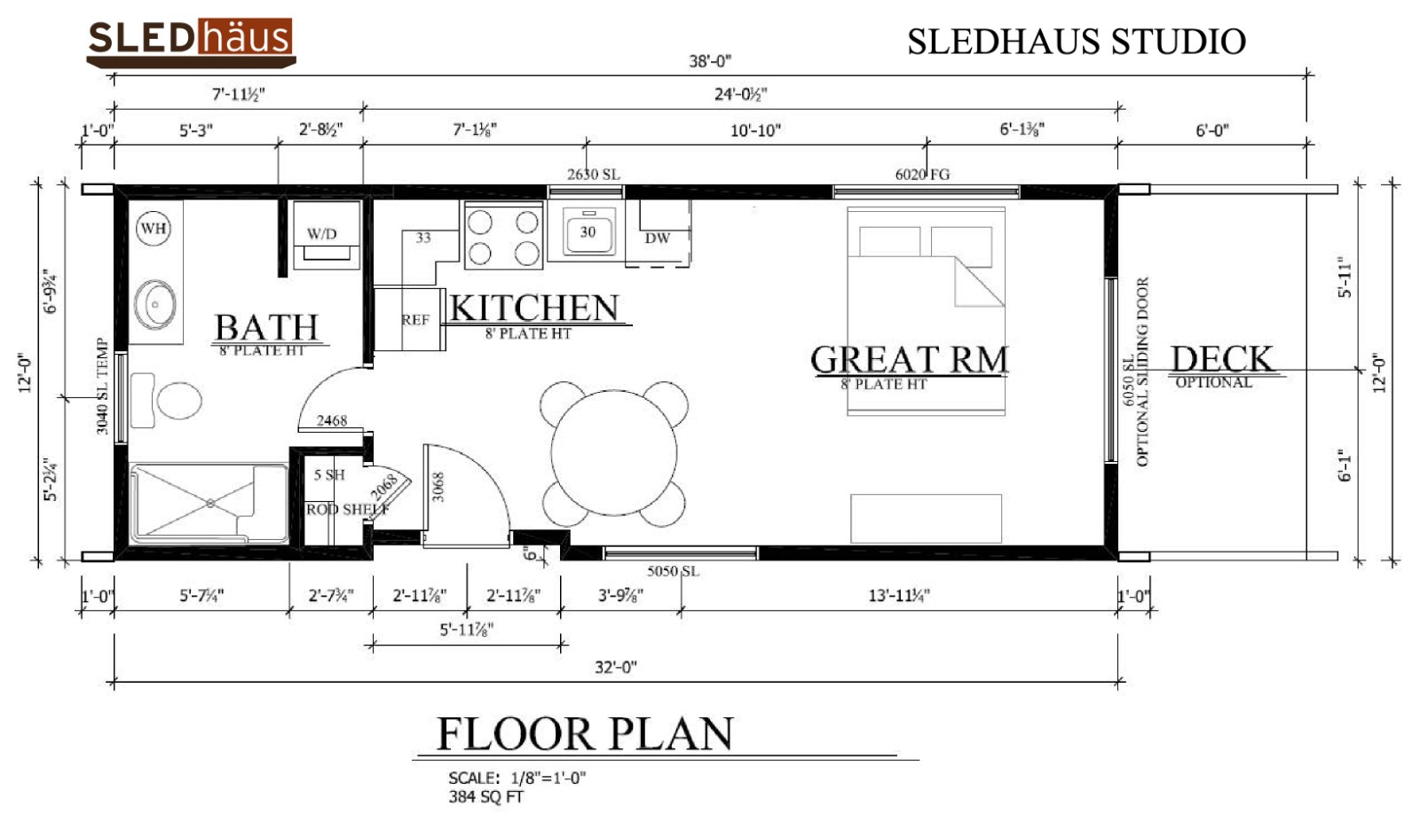 Sledhaus 300 floor plan drawing showing room layout and dimensions.